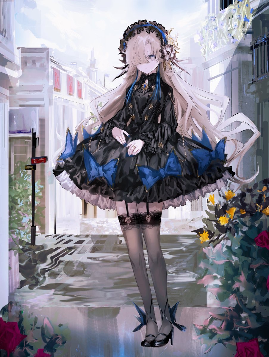 1girl, alternate_costume, black_dress, black_hairband, black_thighhighs, blue_bow, blue_hair, bow
