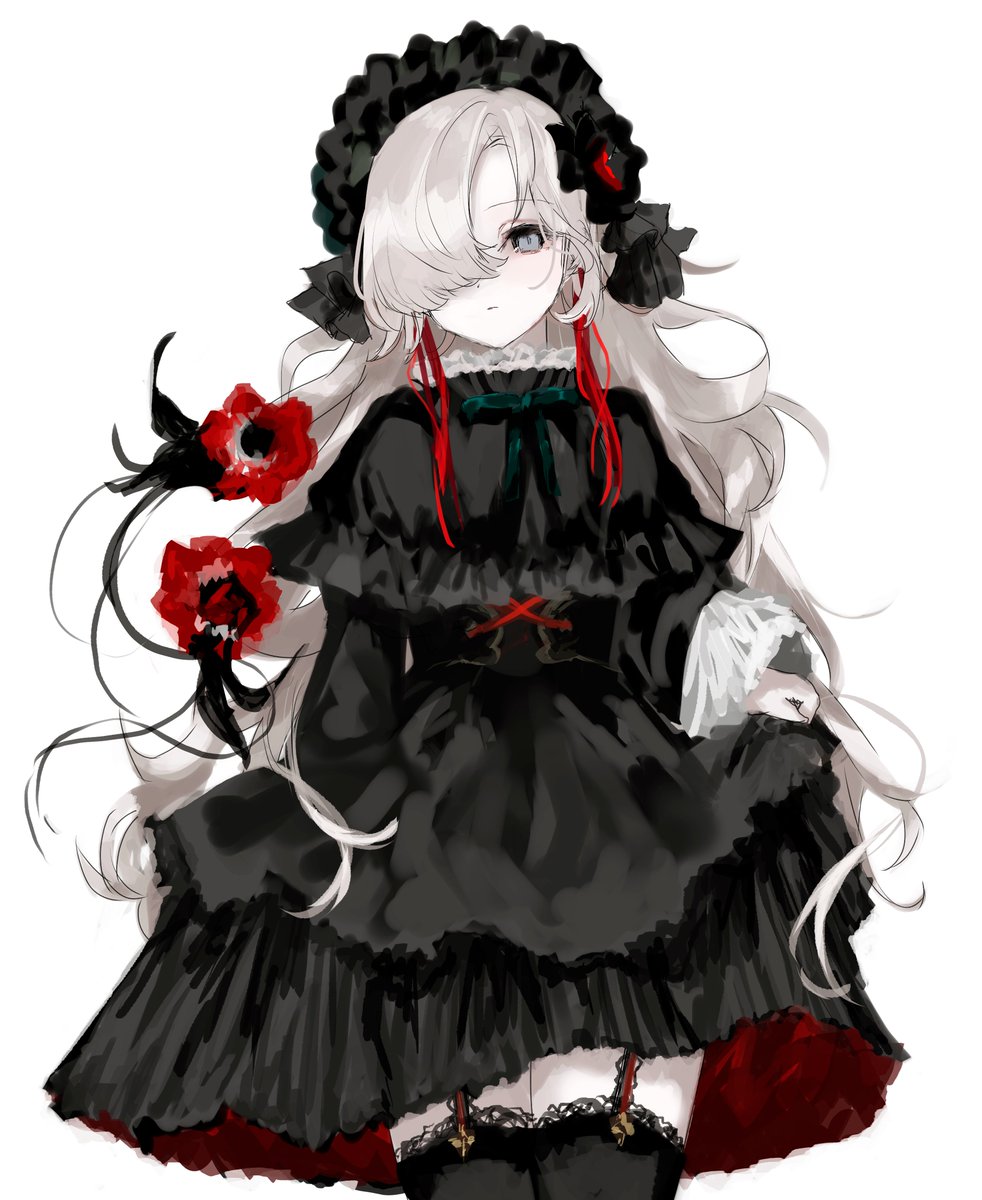 1girl, alternate_costume, black_capelet, black_dress, black_flower, black_thighhighs, brown_hair, capelet