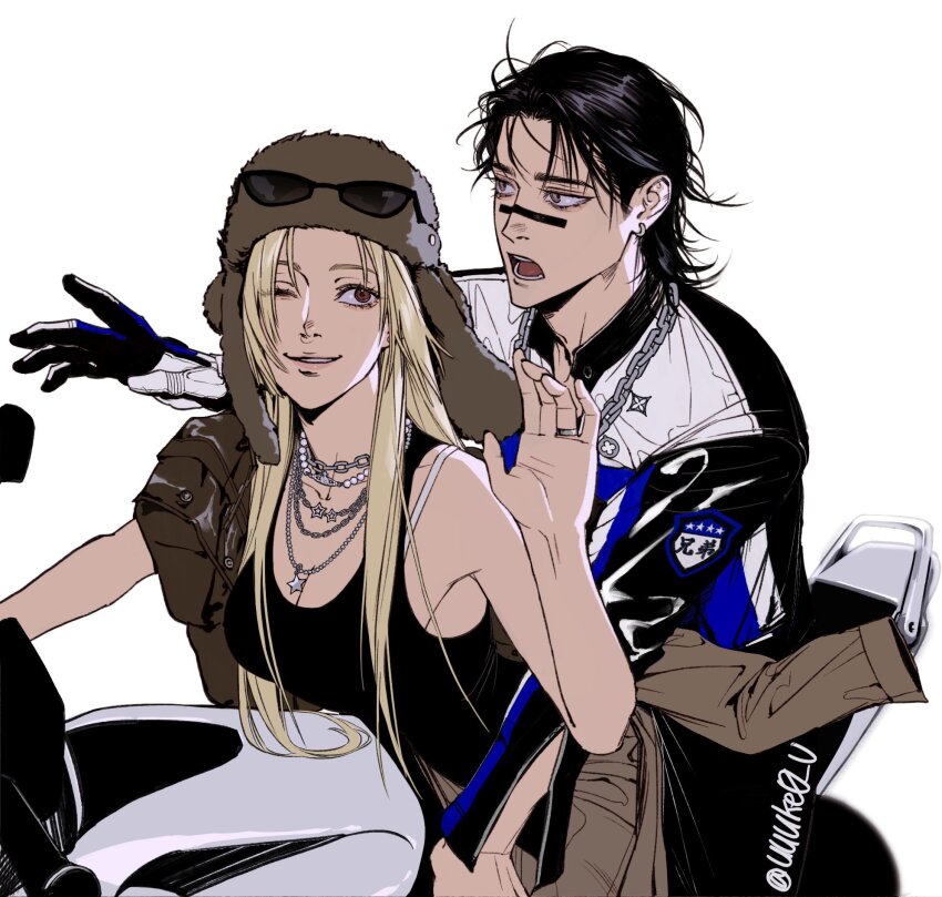 1boy, 1girl, ;), arm_out_of_sleeve, black_hair, black_tank_top, blonde_hair, brown_eyes, chain, choso_(jujutsu_kaisen), commentary, earrings, eyewear_on_headwear, gloves, hat, highres, jewelry, jujutsu_kaisen, long_hair, motor_vehicle, motorcycle, necklace, on_motorcycle, one_eye_closed, open_mouth, ring, short_hair, simple_background, smile, untranslatable_commentary, tank_top, tsukumo_yuki_(jujutsu_kaisen), twitter_username, uuuke0_u, white_background