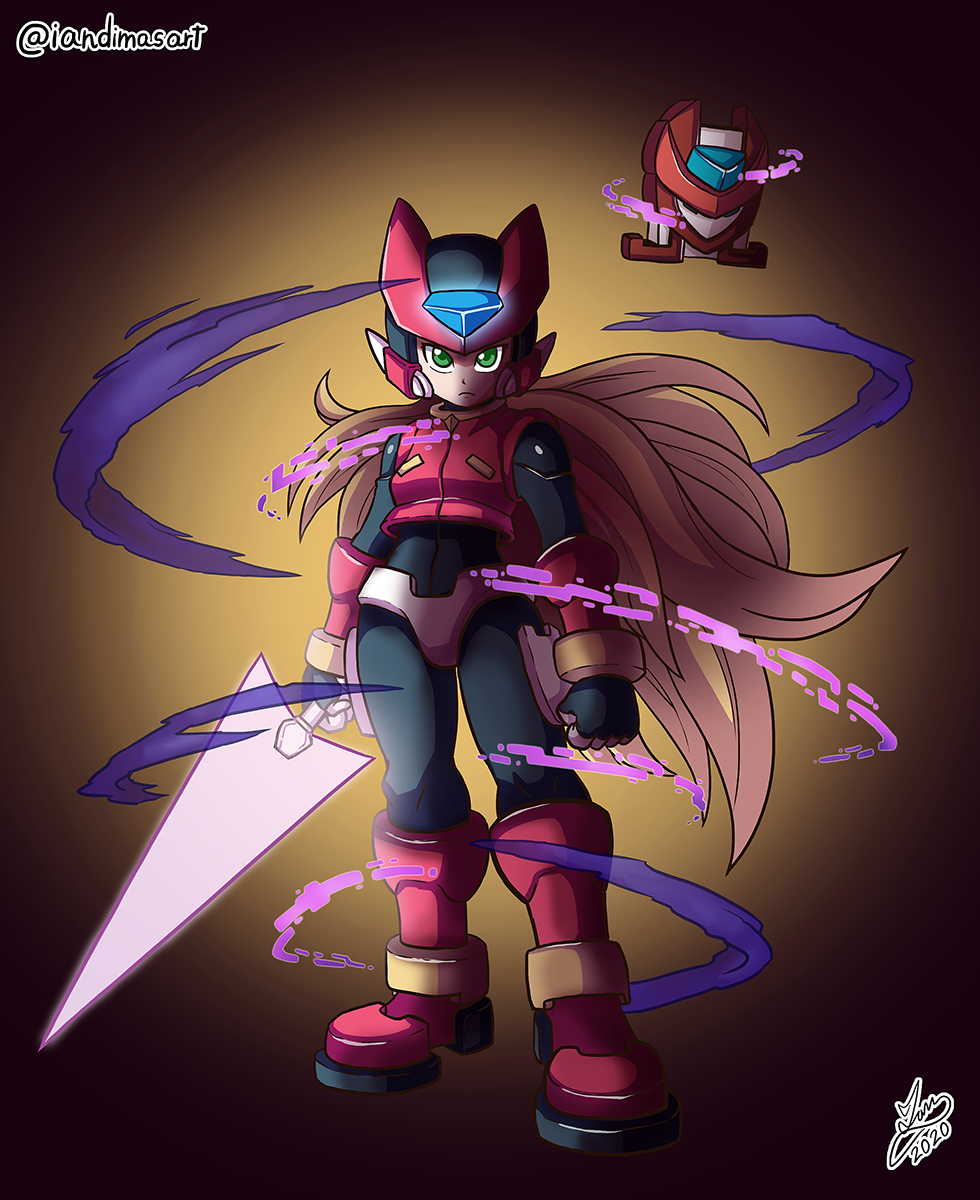 1girl, aile_(mega_man_zx), alternate_color, alternate_hair_color, alternate_hair_length, alternate_hairstyle, armor, artist_name