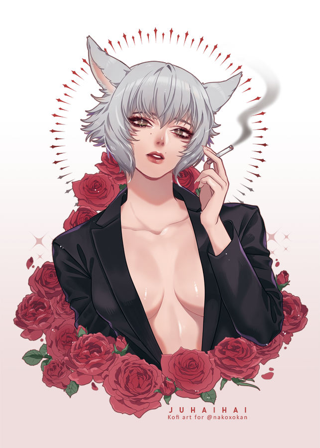 1girl, animal_ears, artist_name, black_jacket, breasts, cigarette, cleavage, collarbone