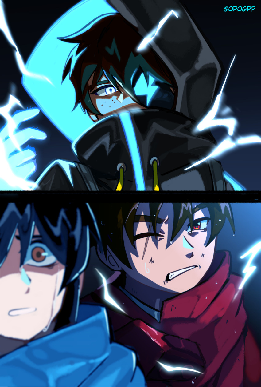 1girl, 2boys, animification, black_hair, brother_and_sister, brown_hair, freckles, highres