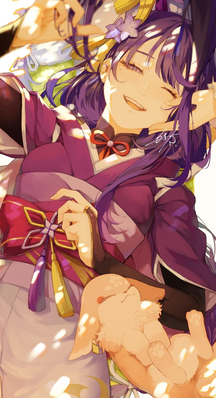 2girls, arm_up, artist_name, blunt_bangs, braid, dappled_sunlight, genshin_impact, grass