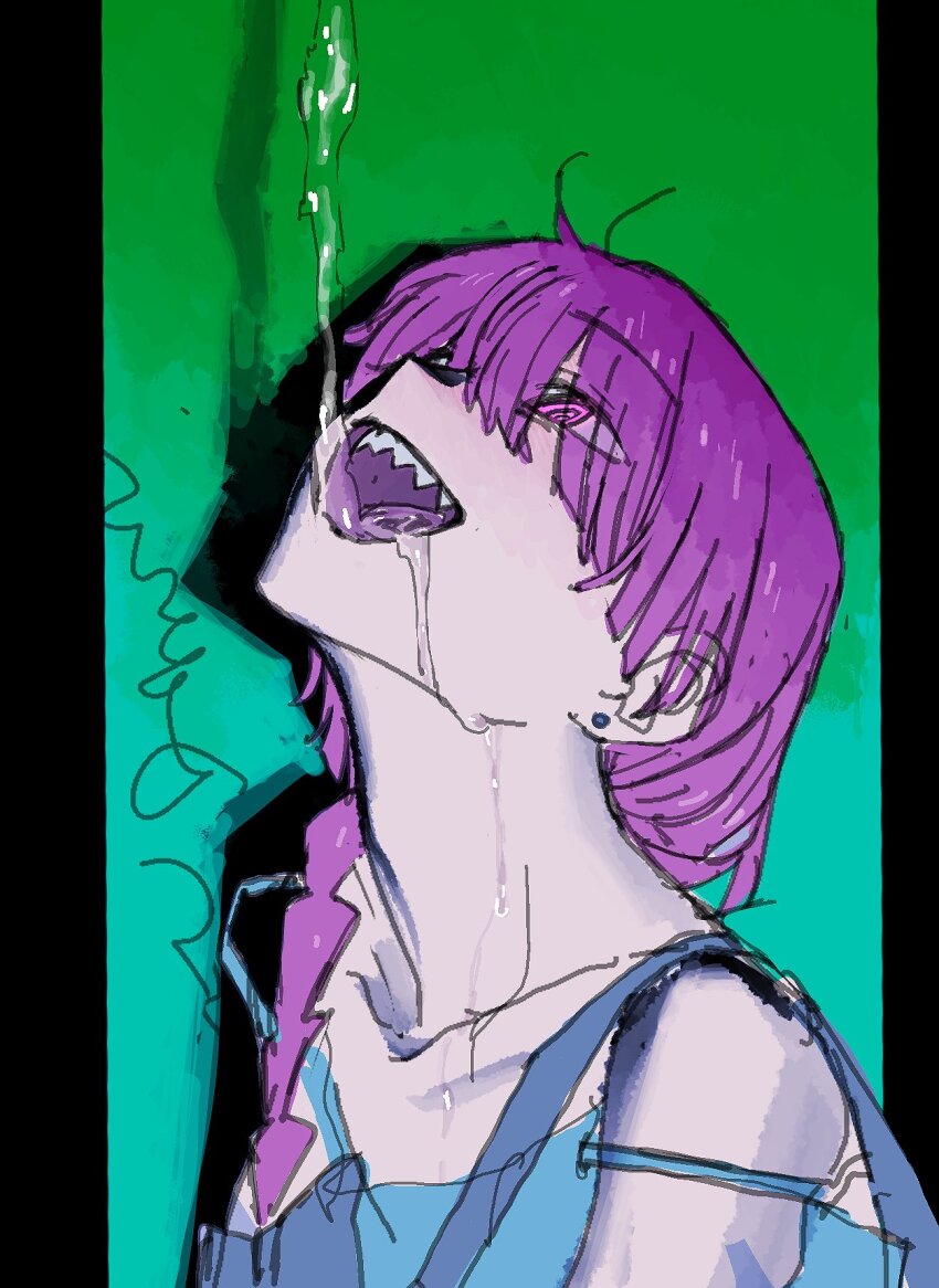 1girl, @_@, anzaiteru_099, blue_background, blue_dress, bocchi_the_rock!, braid, braided_ponytail, collarbone, dress, drinking, dripping, drop_shadow, earrings, from_side, gradient_background, green_background, hair_over_shoulder, head_back, highres, hiroi_kikuri, jewelry, liquid, long_hair, open_mouth, pink_eyes, pouring, purple_hair, sharp_teeth, sleeveless, sleeveless_dress, solo, spaghetti_strap, strap_slip, stud_earrings, teeth, upper_body