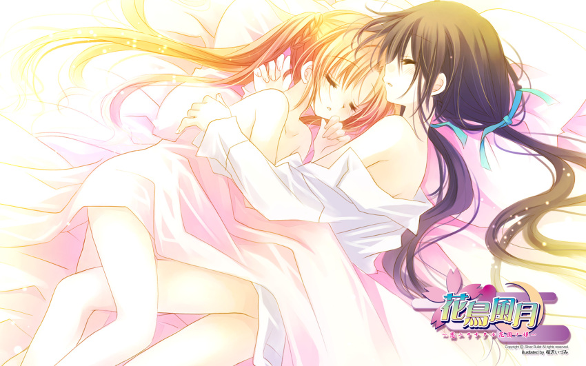 2girls, bare_shoulders, bed, bed_sheet, blanket, blonde_hair, brown_hair, character_request