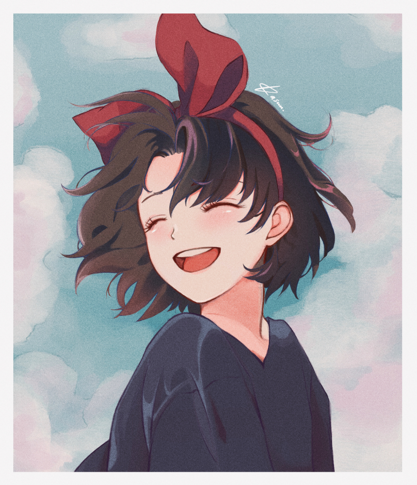 1girl, :d, absurdres, artist_name, black_dress, black_hair, blue_sky, blush, bob_cut, border, bow, close-up, closed_eyes, cloud, commentary, cumulonimbus_cloud, dress, eyelashes, floating_hair, from_side, hair_bow, hair_ribbon, hairband, highres, kasurinjung, kiki_(majo_no_takkyuubin), long_sleeves, majo_no_takkyuubin, messy_hair, multiple_girls, open_mouth, portrait, red_bow, red_hairband, red_ribbon, ribbon, round_teeth, short_hair, signature, sky, smile, solo, teeth, turning_head, upper_teeth_only, white_border, wind