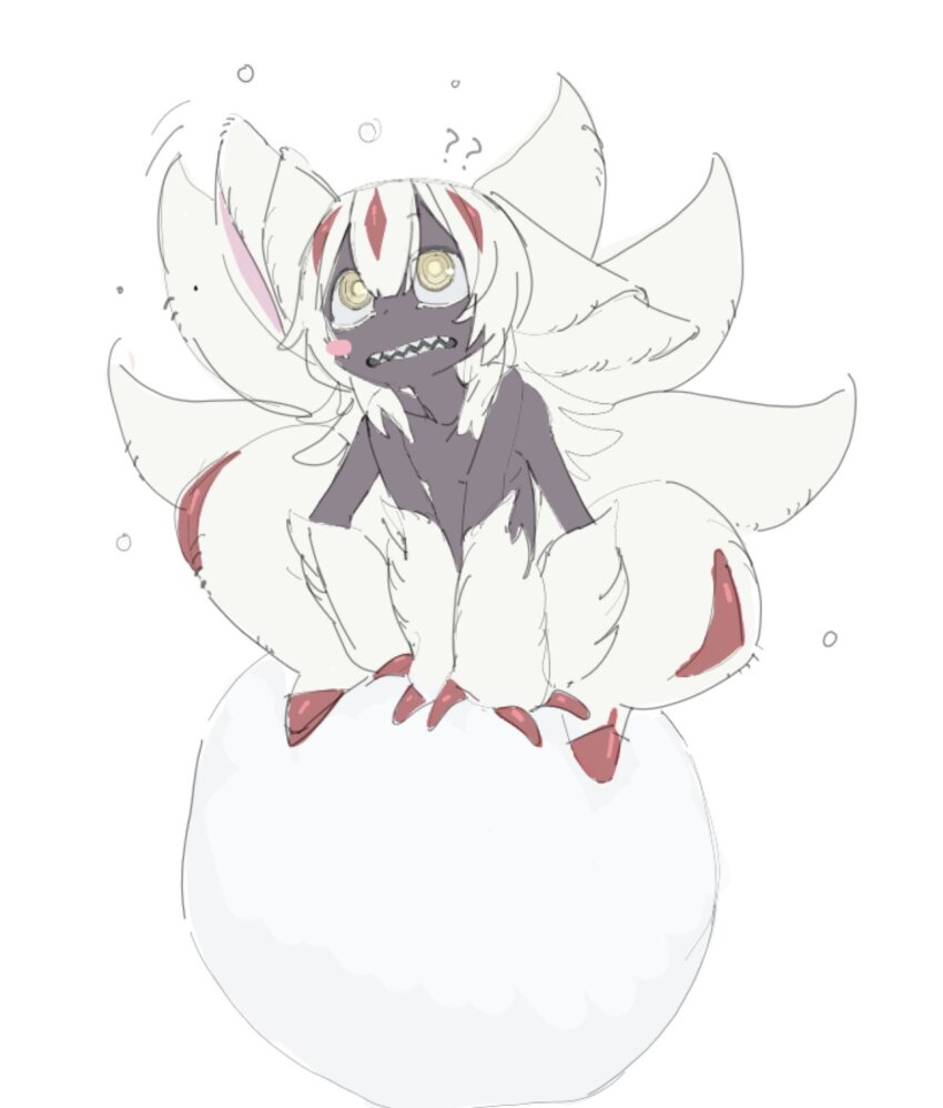 1girl, ?, ??, animal_ears, anzaiteru_099, blush_stickers, body_fur, breasts, claws, dark_skin, extra_arms, faputa, full_body, highres, horns, knees_up, long_hair, looking_up, made_in_abyss, monster_girl, multiple_tails, on_ball, one_ear_down, open_mouth, red_horns, ringed_eyes, sharp_teeth, simple_background, single_blush_sticker, sitting, sitting_on_ball, small_breasts, solo, tail, teeth, topless_female, very_dark_skin, white_fur, white_hair, yellow_eyes