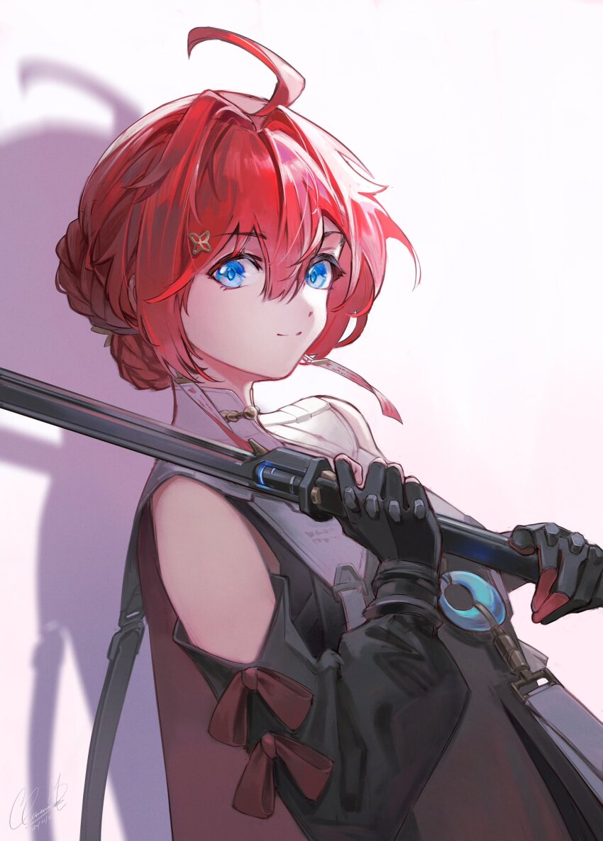 1girl, ahoge, bare_shoulders, black_gloves, black_shirt, black_sleeves, blue_eyes, clarenceman0605