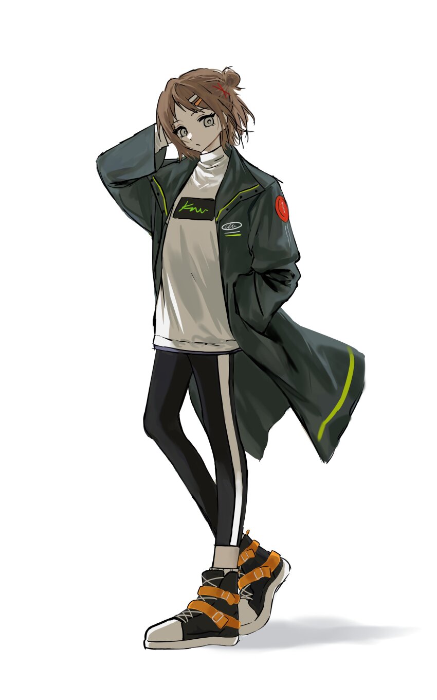 1girl, absurdres, arm_up, black_leggings, black_shoes, brown_hair, closed_mouth, coat