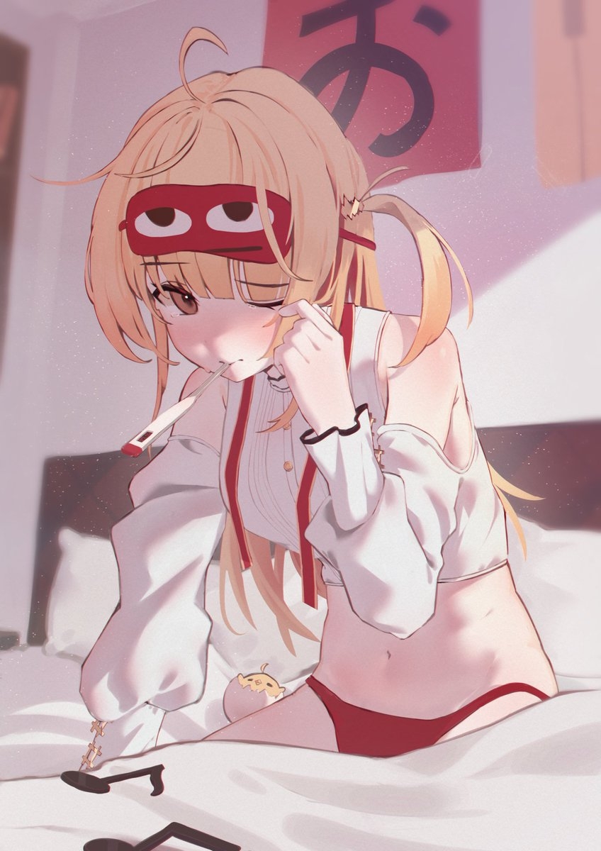1girl, ahoge, bed, blonde_hair, bongk, digital_thermometer, highres, hololive, hololive_dev_is, long_hair, messy_hair, mouth_hold, navel, one_eye_closed, otonose_kanade, otonose_kanade_(1st_costume), panties, red_panties, sick, tears, thermometer, under_covers, underwear, virtual_youtuber