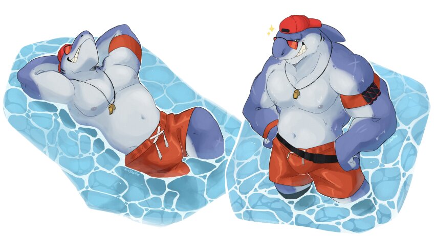 1boy, absurdres, afloat, armband, arms_behind_head, backwards_hat, bara, baseball_cap