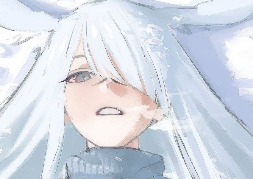 1girl, animal_ears, anzaiteru_099, arknights, breath, commentary, expressionless, frostnova_(arknights)