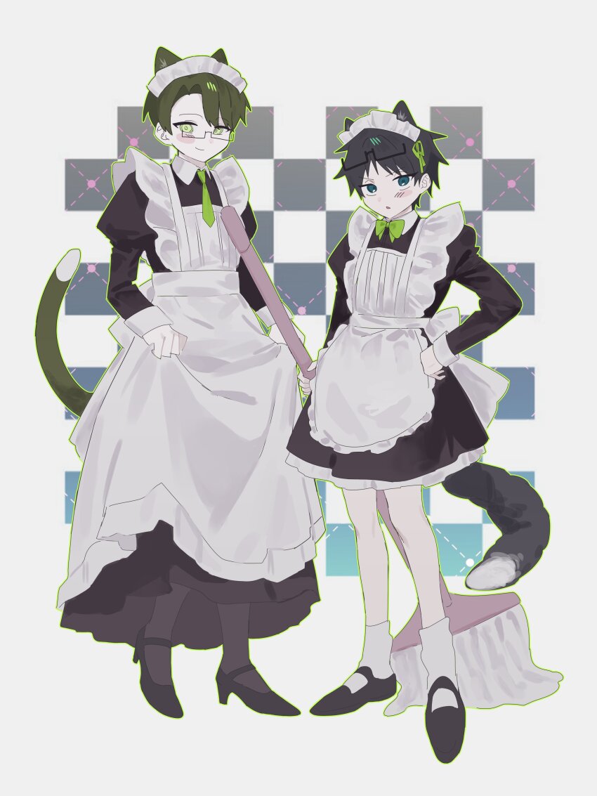 2boys, absurdres, animal_ears, apron, black_dress, black_footwear, black_pantyhose, blush