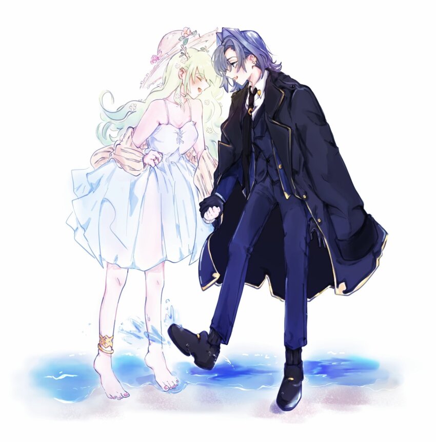 2girls, anklet, antlers, bare_shoulders, barefoot, blue_coat, blue_hair, blue_pants