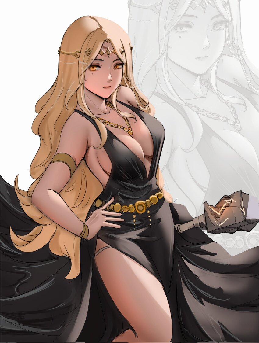 1girl, arm_strap, bare_shoulders, black_dress, blonde_hair, breasts, cleavage, closed_mouth, commentary, corrupted_twitter_file, cowboy_shot, dress, elden_ring, english_commentary, hammer, hand_on_own_hip, highres, holding, holding_hammer, jewelry, large_breasts, long_dress, long_hair, looking_at_viewer, mole, mole_under_eye, multiple_views, necklace, notgustiarp, queen_marika_the_eternal, side_slit, sideboob, war_hammer, weapon, white_background, yellow_eyes