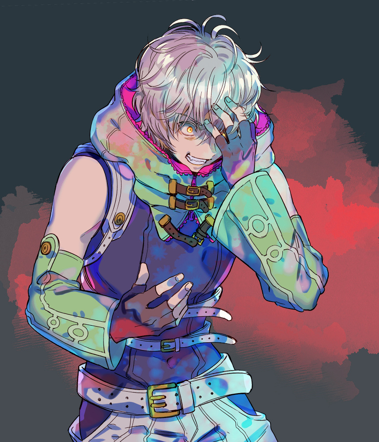 1boy, bare_shoulders, belt, corruption, crazy_eyes, dark_persona, detached_sleeves, fingerless_gloves