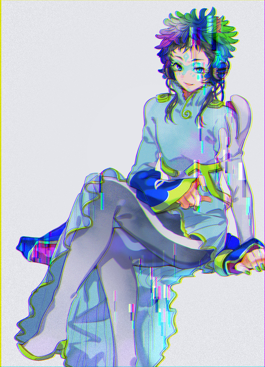 1other, androgynous, blue_eyes, boots, dress, facepaint, facial_mark, feathers