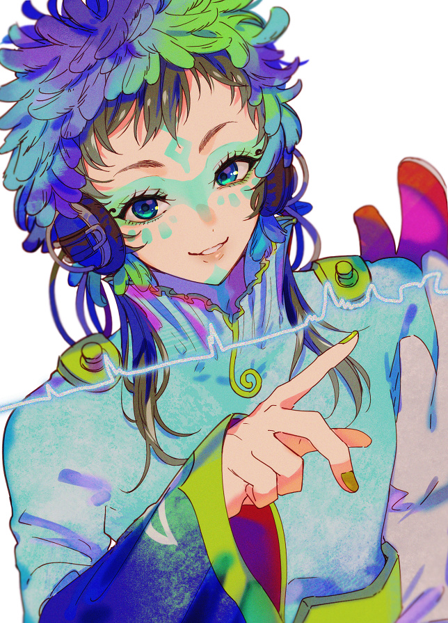 1other, androgynous, blue_eyes, dress, facepaint, facial_mark, feathers, forehead_mark