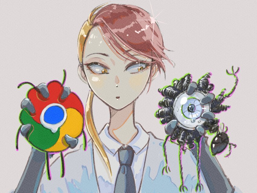 1other, androgynous, arm_up, blonde_hair, blue_eyes, brown_eyes, collared_shirt, creature