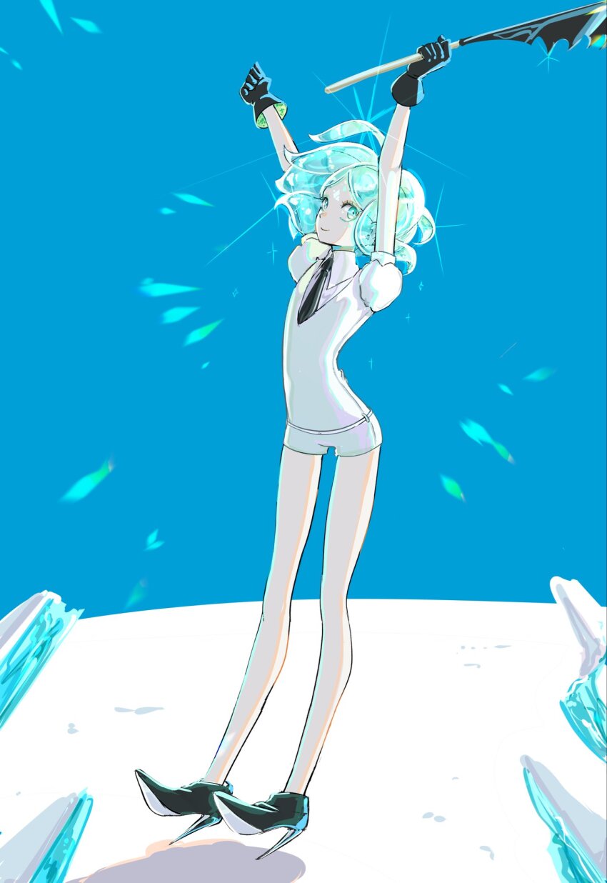 1other, androgynous, antarcticite, antarcticite_(cosplay), aqua_eyes, aqua_hair, arms_up, bare_legs, black_footwear, black_gloves, black_necktie, blue_background, blue_sky, clear_sky, closed_mouth, cosplay, crystal, crystal_hair, full_body, gem_uniform_(houseki_no_kuni), gloves, high_heels, highres, holding, holding_weapon, houseki_no_kuni, looking_at_viewer, necktie, nukumorineko, other_focus, outdoors, phosphophyllite, puffy_short_sleeves, puffy_sleeves, shoe_soles, short_hair, short_sleeves, sky, smile, snow, solo, standing, stiletto_heels, two-sided_fabric, weapon, winter