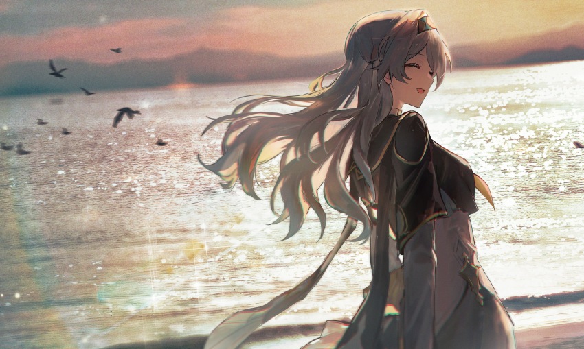 1girl, absurdres, arm_at_side, bird, black_hairband, black_jacket, blurry, blurry_background