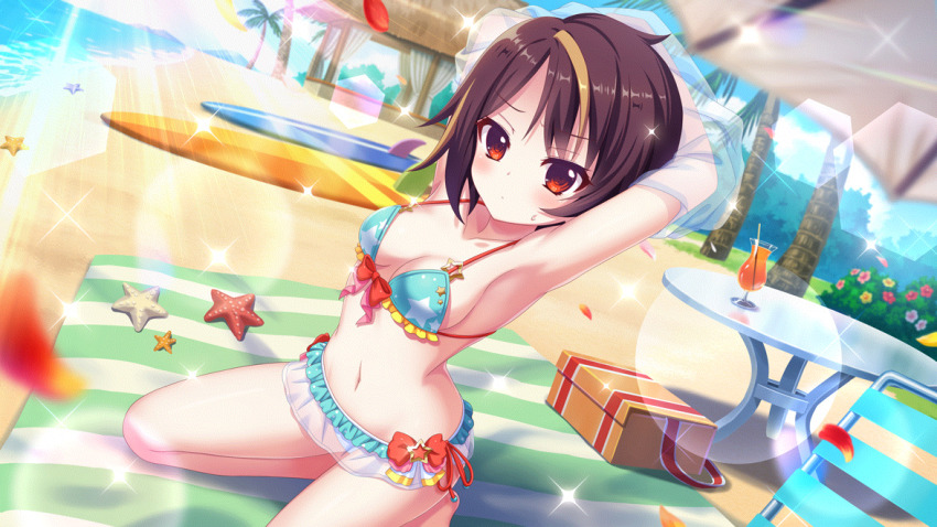 1girl, armpits, arms_behind_head, bandou_mikuru, beach, bikini, blanket, blonde_hair