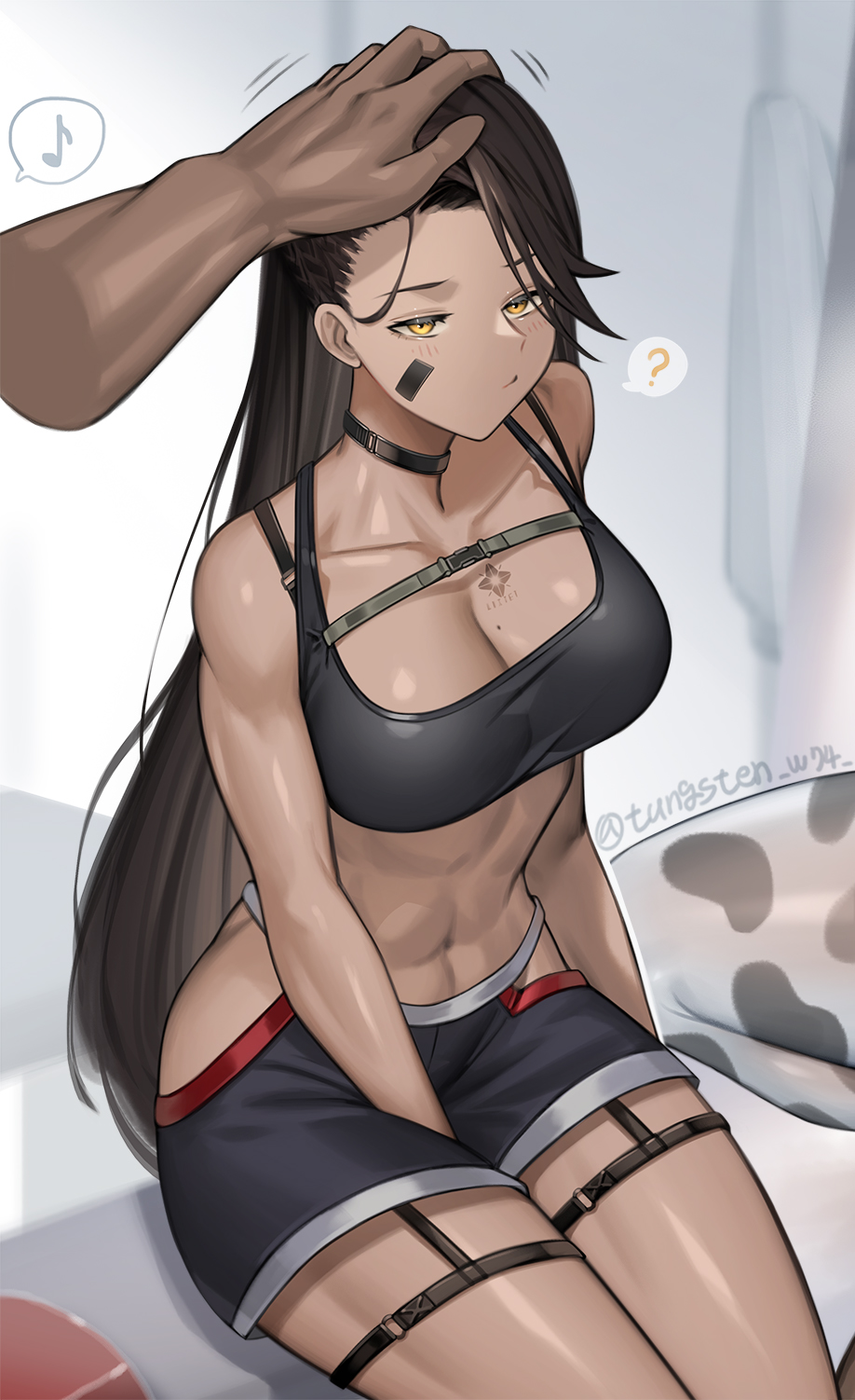 1boy, 1girl, ?, black_hair, black_shorts, breasts, cleavage, crop_top
