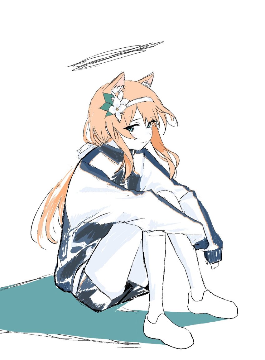 1girl, animal_ears, blue_archive, blue_eyes, cat_ears, flower, hair_flower, hair_ornament