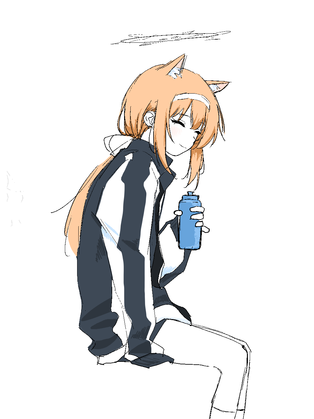 1girl, animal_ears, blue_archive, cat_ears, closed_eyes, halo, highres, jacket, long_hair, long_sleeves, mari_(blue_archive), mari_(track)_(blue_archive), orange_hair, smile, solo, wakaryang, white_background