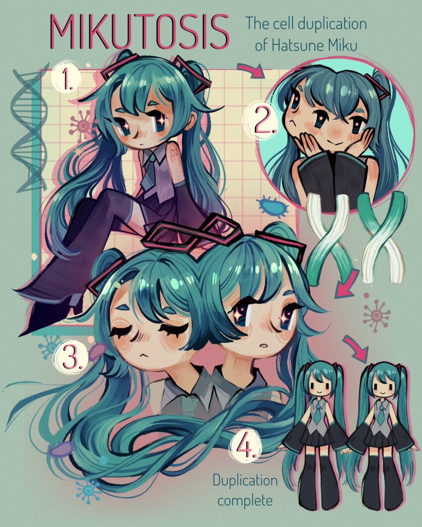 2girls, aqua_eyes, aqua_hair, aqua_necktie, bare_shoulders, blue_hair, blush, cell_(biology), cell_division, commentary, detached_sleeves, english_commentary, english_text, feefal, grey_shirt, hatsune_miku, highres, long_hair, mitosis, multiple_girls, necktie, number_tattoo, shirt, skirt, sleeveless, smile, tattoo, thighhighs, twintails, very_long_hair, vocaloid