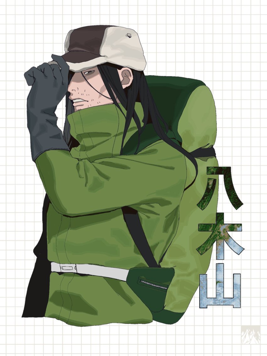 1boy, adjusting_clothes, adjusting_headwear, arm_at_side, backpack, bag, bags_under_eyes, black_eyes