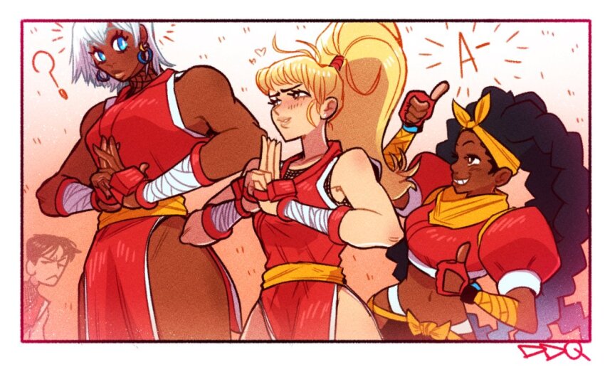 1boy, 3girls, :<, ?, black_hair, blonde_hair, braid, cosplay