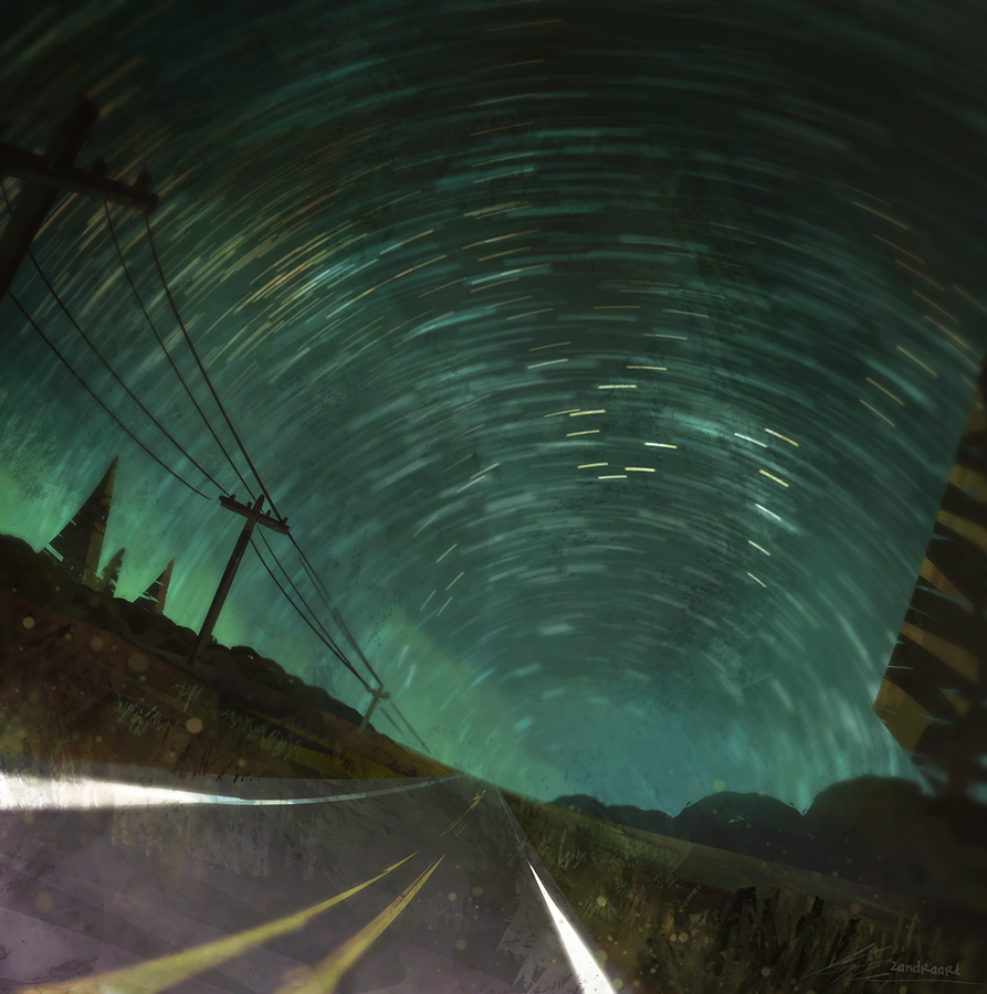 dutch_angle, field, grass, green_sky, landscape, long_exposure, night, no_humans