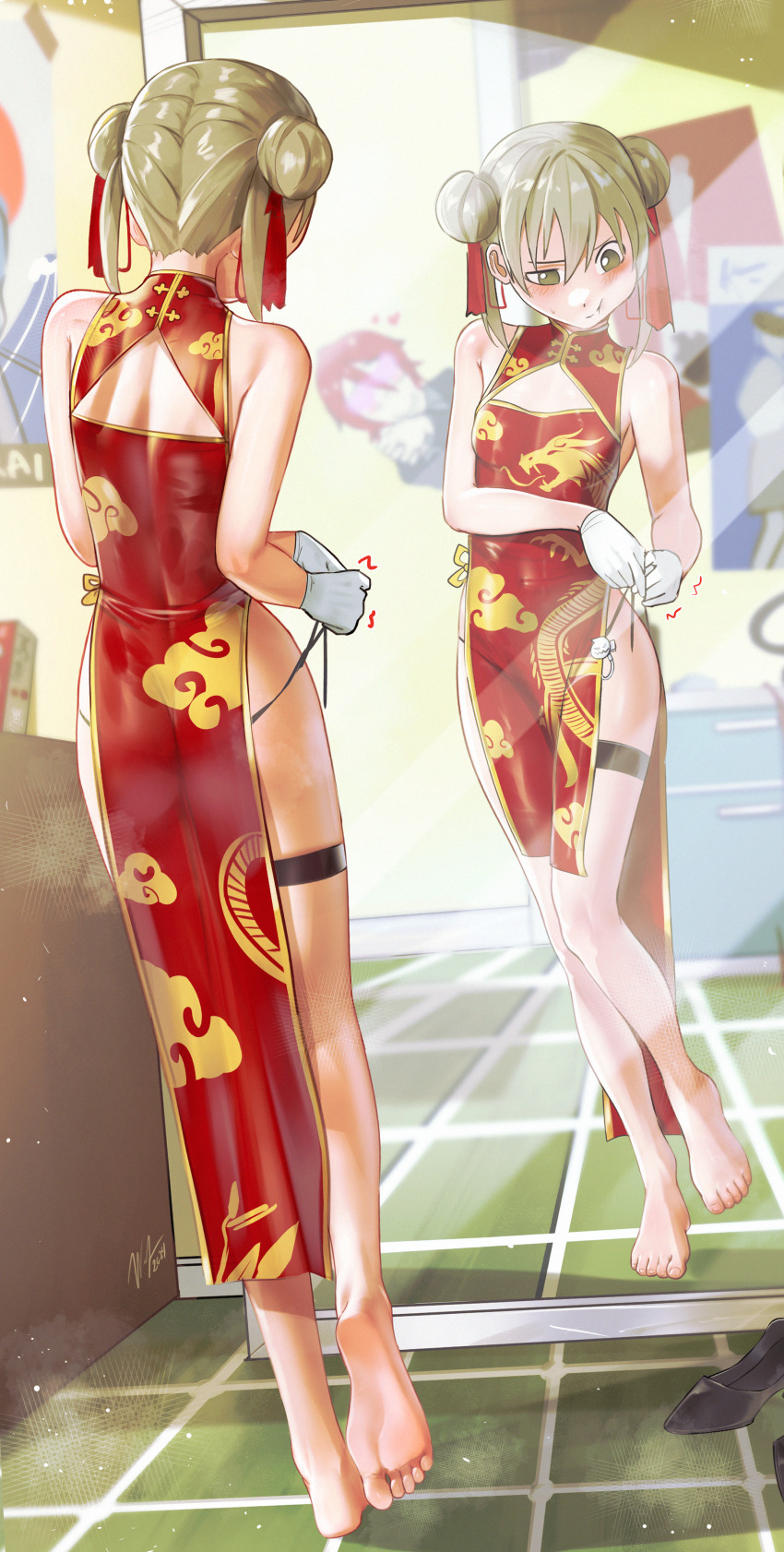 1boy, 1girl, absurdres, alternate_costume, back_cutout, barefoot, brown_eyes, china_dress