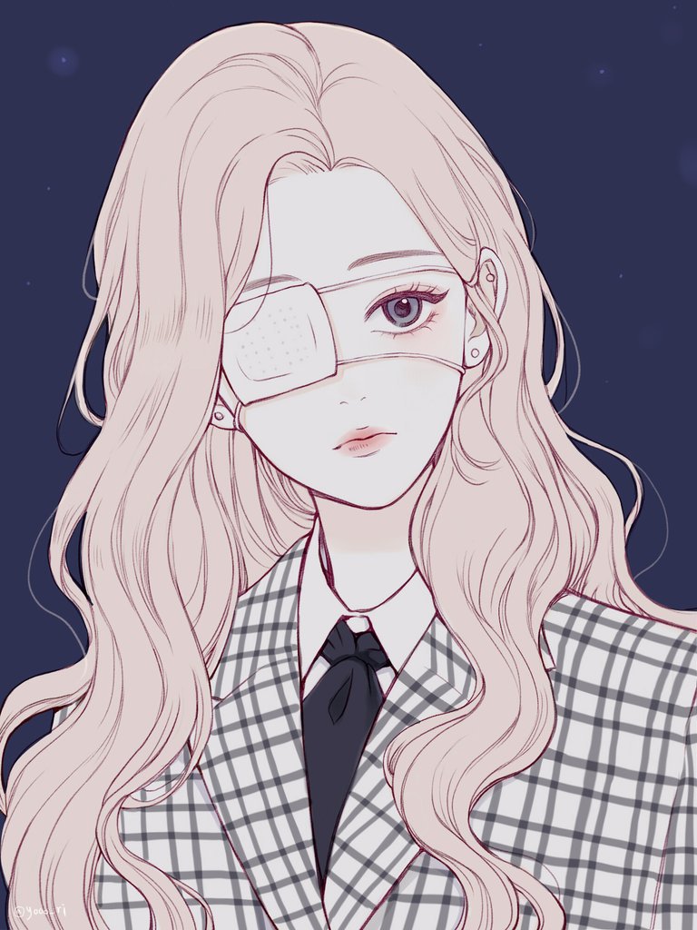 1girl, black_necktie, blonde_hair, blue_background, checkered_clothes, checkered_jacket, closed_mouth, commentary