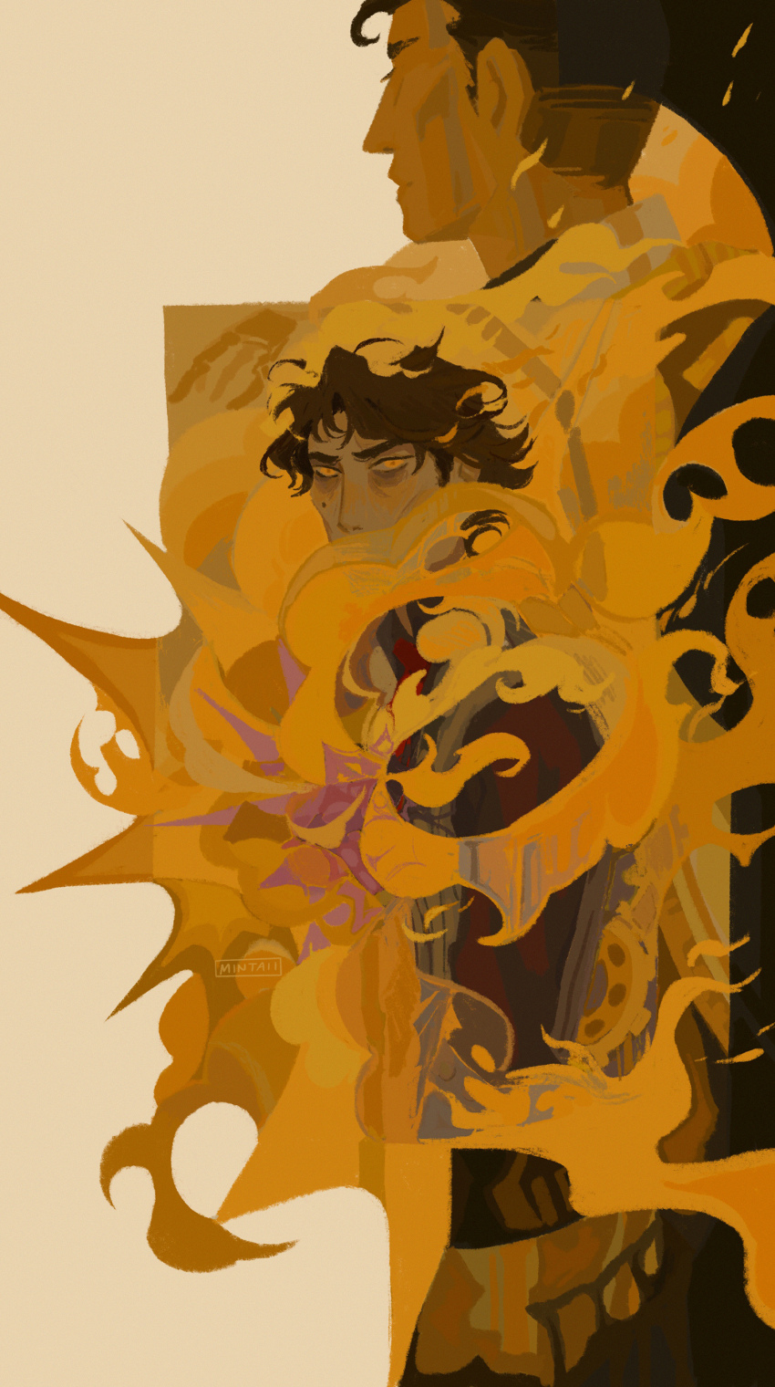 2boys, absurdres, arcane:_league_of_legends, arcane_jayce, black_hair, brown_hair, colored_smoke, curly_hair