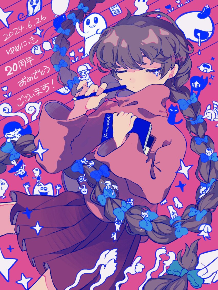 balloon, black_cat, blue_bow, bow, braid, brown_hair, cat, closed_eyes