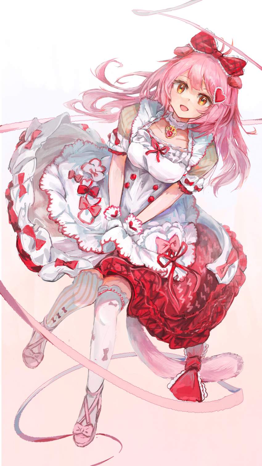 1girl, :d, absurdres, animal_ears, arknights, asymmetrical_legwear, bow, collarbone