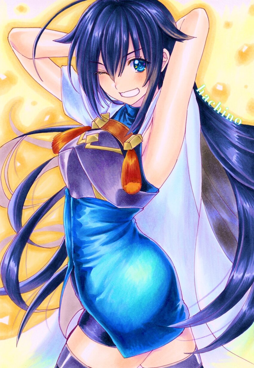 1girl, ahoge, armpits, black_hair, blue_eyes, blush, breasts, fram_berge