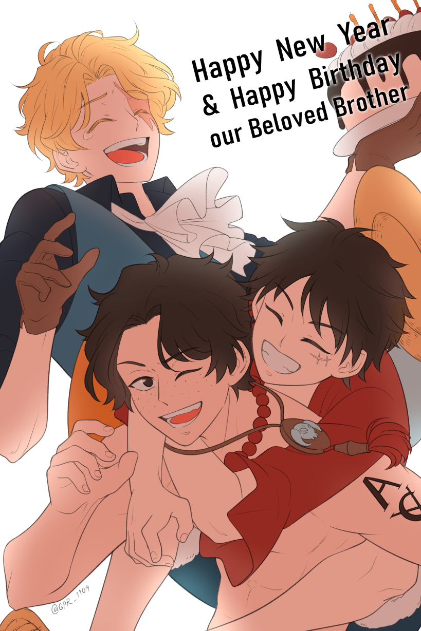 3boys, ^_^, birthday_cake, black_hair, blonde_hair, brown_gloves, cake, closed_eyes