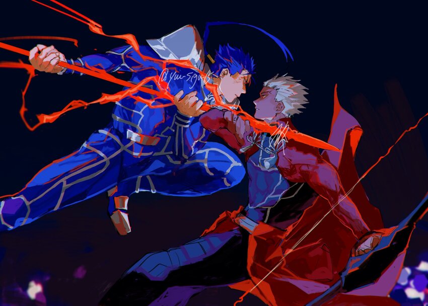 2boys, archer_(fate), azisaiharumaki56, black_background, black_pants, black_shirt, blue_bodysuit, blue_hair