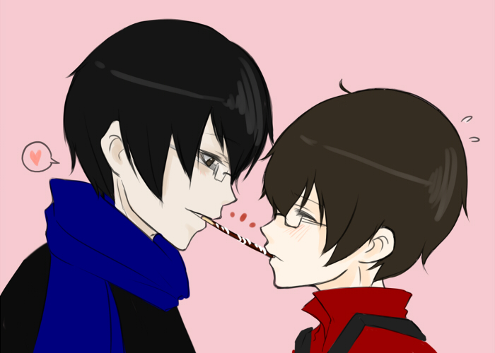 2boys, alphonse_michel, bad_id, bad_pixiv_id, bemani, black_hair, blue_eyes, closed_eyes