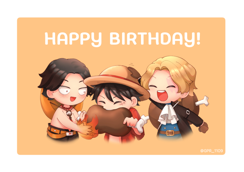 3boys, ^_^, ascot, belt, black_coat, black_hair, blonde_hair, border