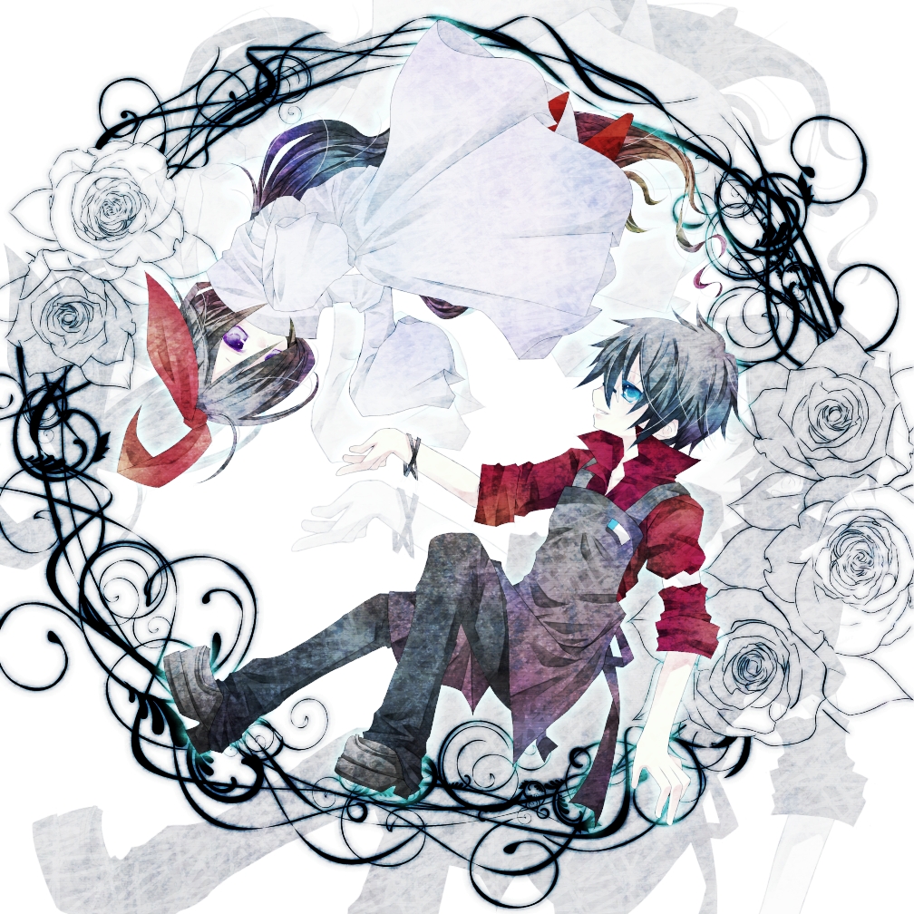 1boy, 1girl, alphonse_michel, apron, bad_id, bad_pixiv_id, bemani, black_hair, flower, glasses, mocb, ophelia_(pop'n_music), outstretched_hand, pop'n_music, ribbon, rose, rotational_symmetry, white_flower, white_rose
