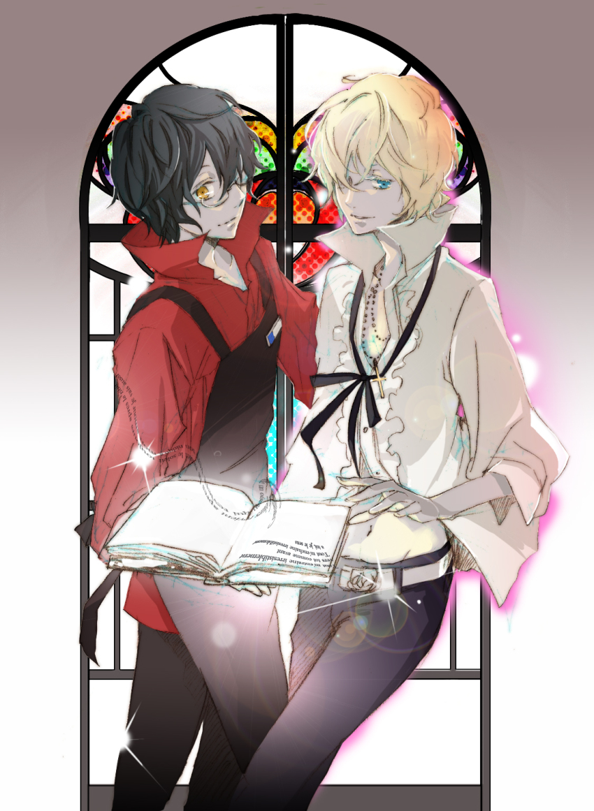 2boys, alphonse_michel, alternate_costume, alternate_hair_color, apron, bemani, black_hair, book