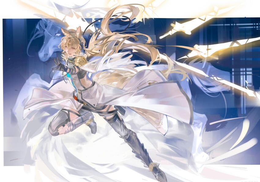 1girl, 1other, absurdres, animal_ears, arknights, armor, aura, floating, floating_object, floating_sword, floating_weapon, gloves, greaves, highres, holding, holding_weapon, horse, horse_ears, horse_girl, horse_tail, incoming_attack, knee_up, leg_armor, lin_qing_(phosphorus_1104), nearl_(arknights), nearl_the_radiant_knight_(arknights), solo_focus, standing, standing_on_one_leg, sword, tail, weapon