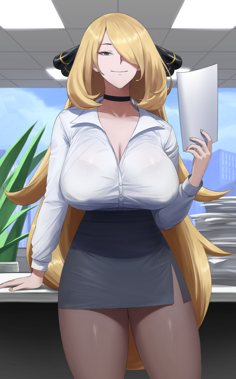 1girl, black_choker, black_skirt, blonde_hair, bra_visible_through_clothes, breasts, choker, cleavage