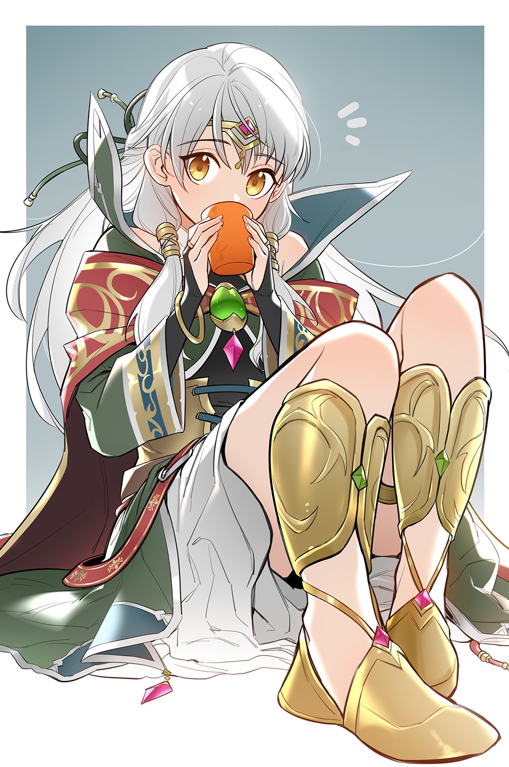 1girl, black_bridal_gauntlets, boots, border, bridal_gauntlets, cape, circlet, cloak