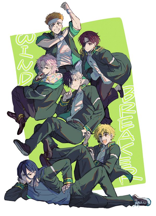 6+boys, arm_up, black_eyes, black_hair, blonde_hair, brown_eyes, brown_hair, closed_mouth