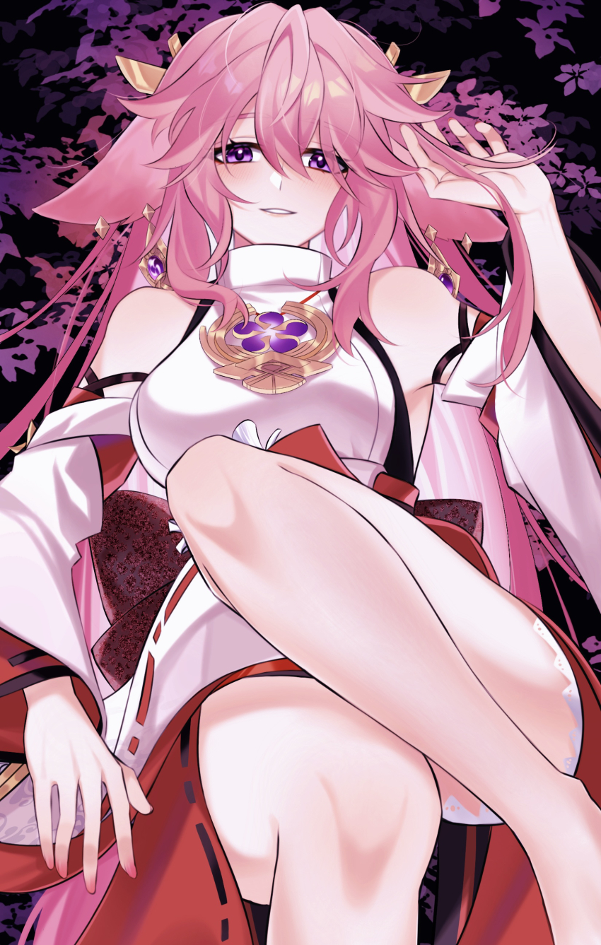 1girl, absurdres, animal_ears, bare_shoulders, barefoot, blush, breasts, earrings, feet, fox_ears, genshin_impact, hair_between_eyes, hair_ornament, highres, japanese_clothes, jewelry, koushuiba, long_hair, looking_at_viewer, medium_breasts, pink_hair, purple_eyes, smile, solo, teeth, toes, very_long_hair, yae_miko